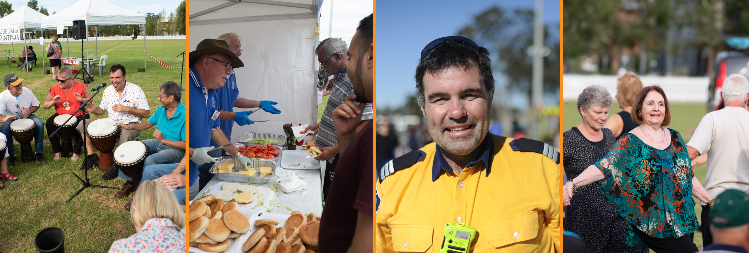 Collage of people in different volunteering activities such as drumming, serving food and dancing