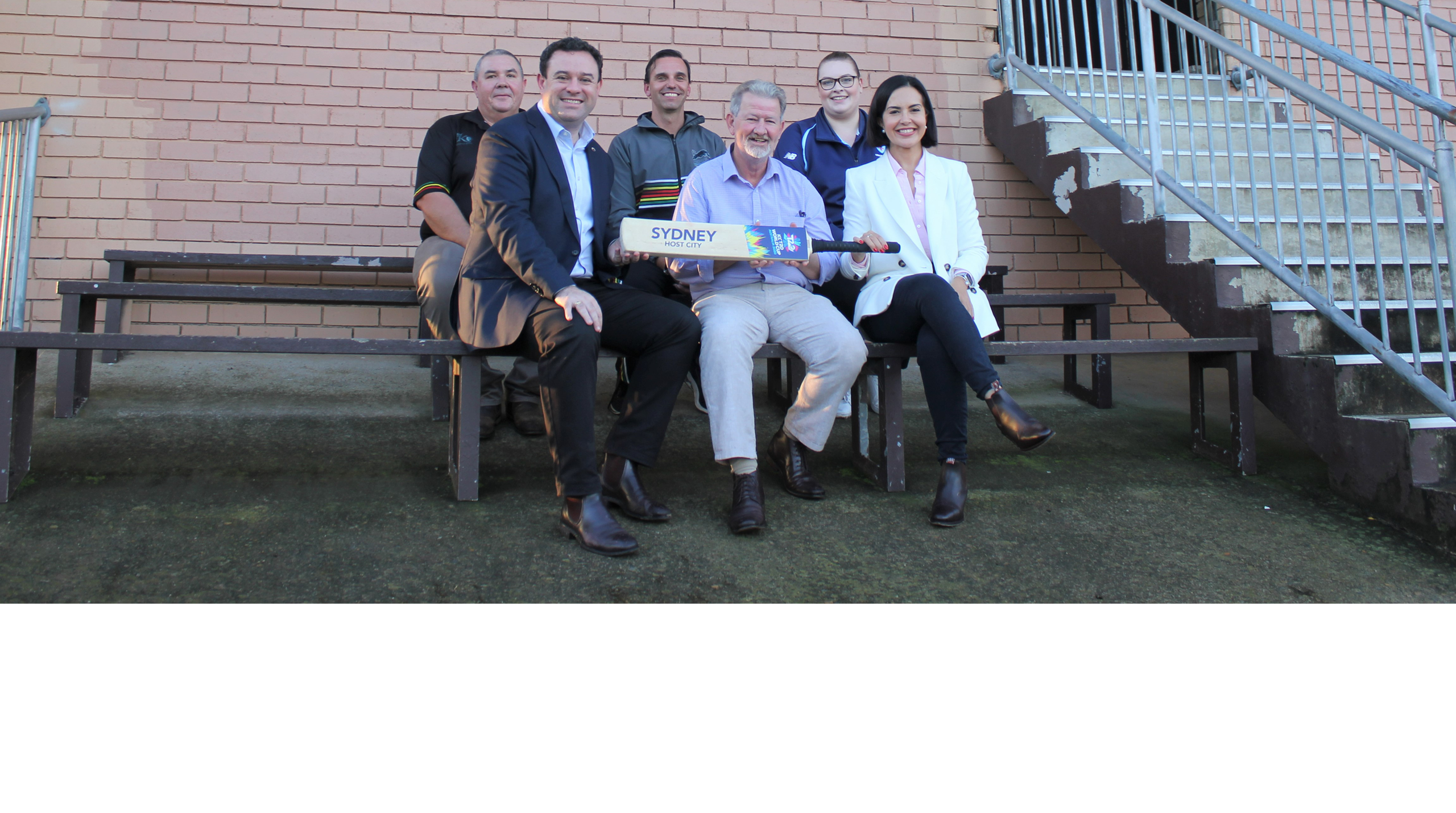 Mick Wilson, Penrith Cricket Club; Member for Penrith Stuart Ayres MP; Andrew Lamb, Penrith Cricket Club; Penrith City Council Deputy Mayor John Thain; Lauren Coates, Cricket NSW; Member for Londonderry Prue Car MP.