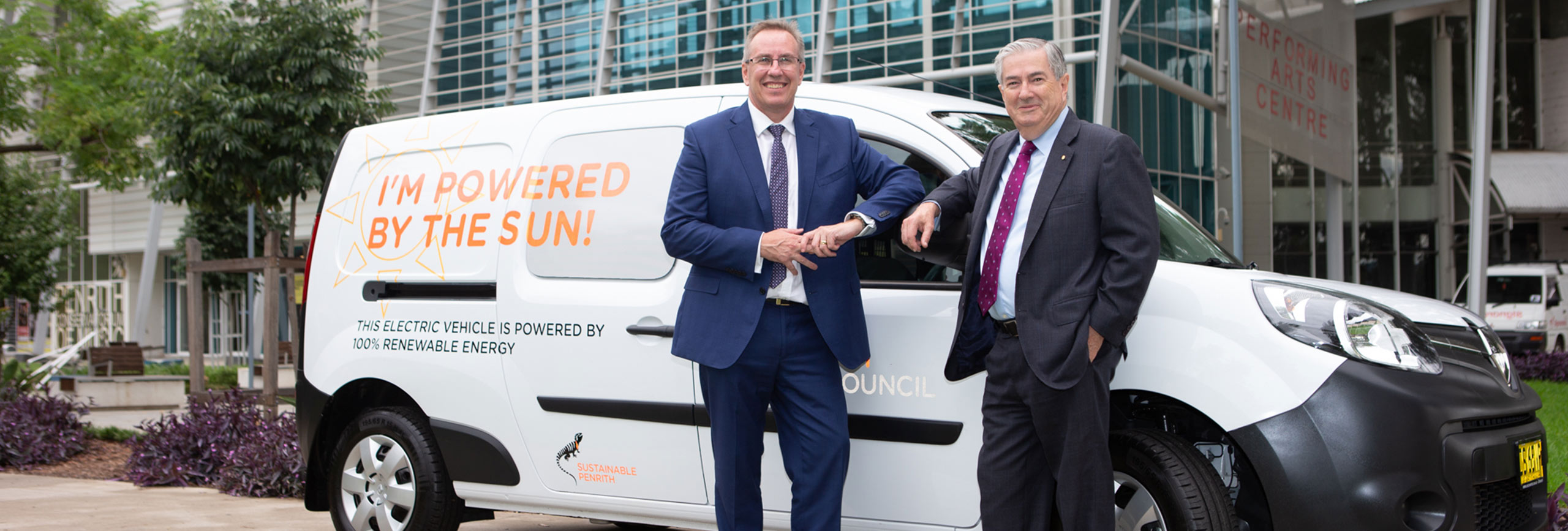 Penrith City Council General Manager Warwick Winn and Mayor Ross Fowler OAM pictured with Council’s new electric vehicle.