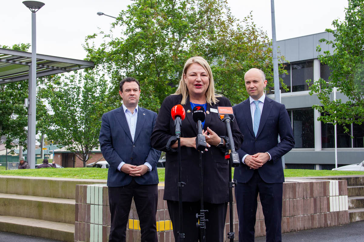 Penrith Mayor Tricia Hitchen (centre) with Member for Penrith Stuart Ayres and Treasurer Matt Kean in St Marys for the WestInvest announcement 