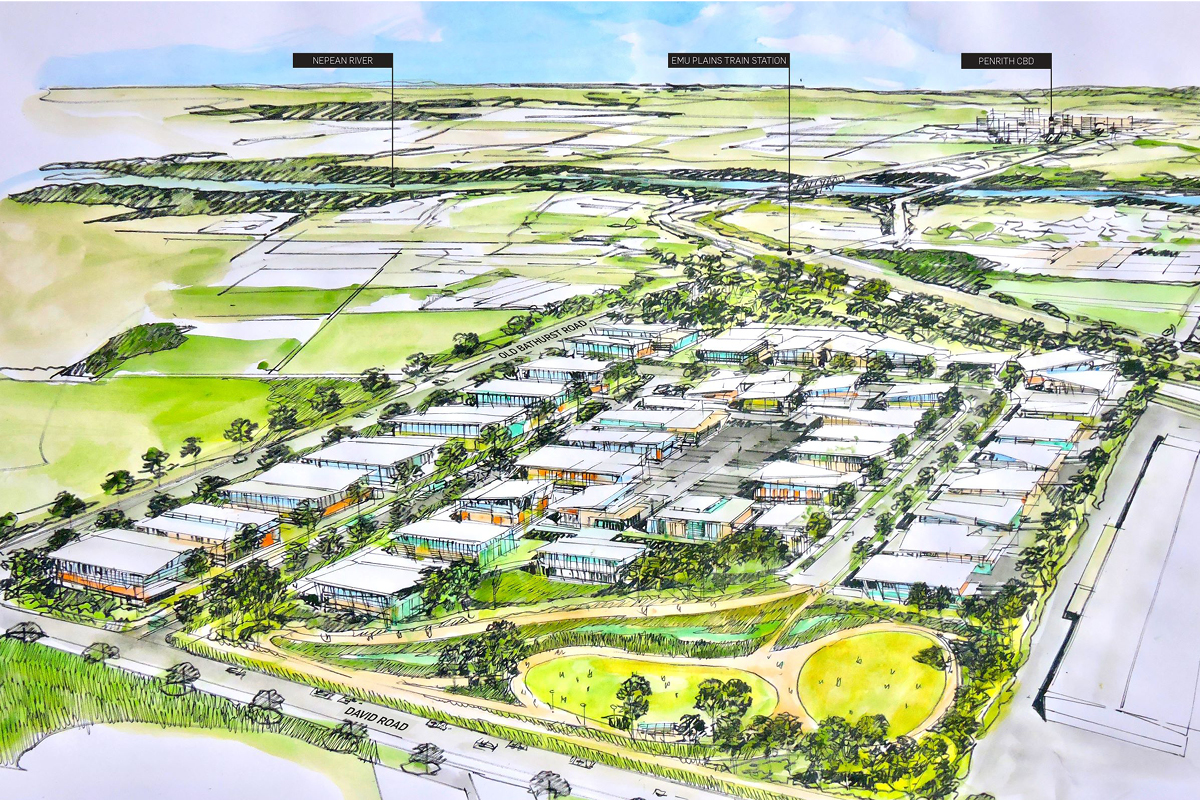 drawing of an aerial view of several small buildings with green space around it