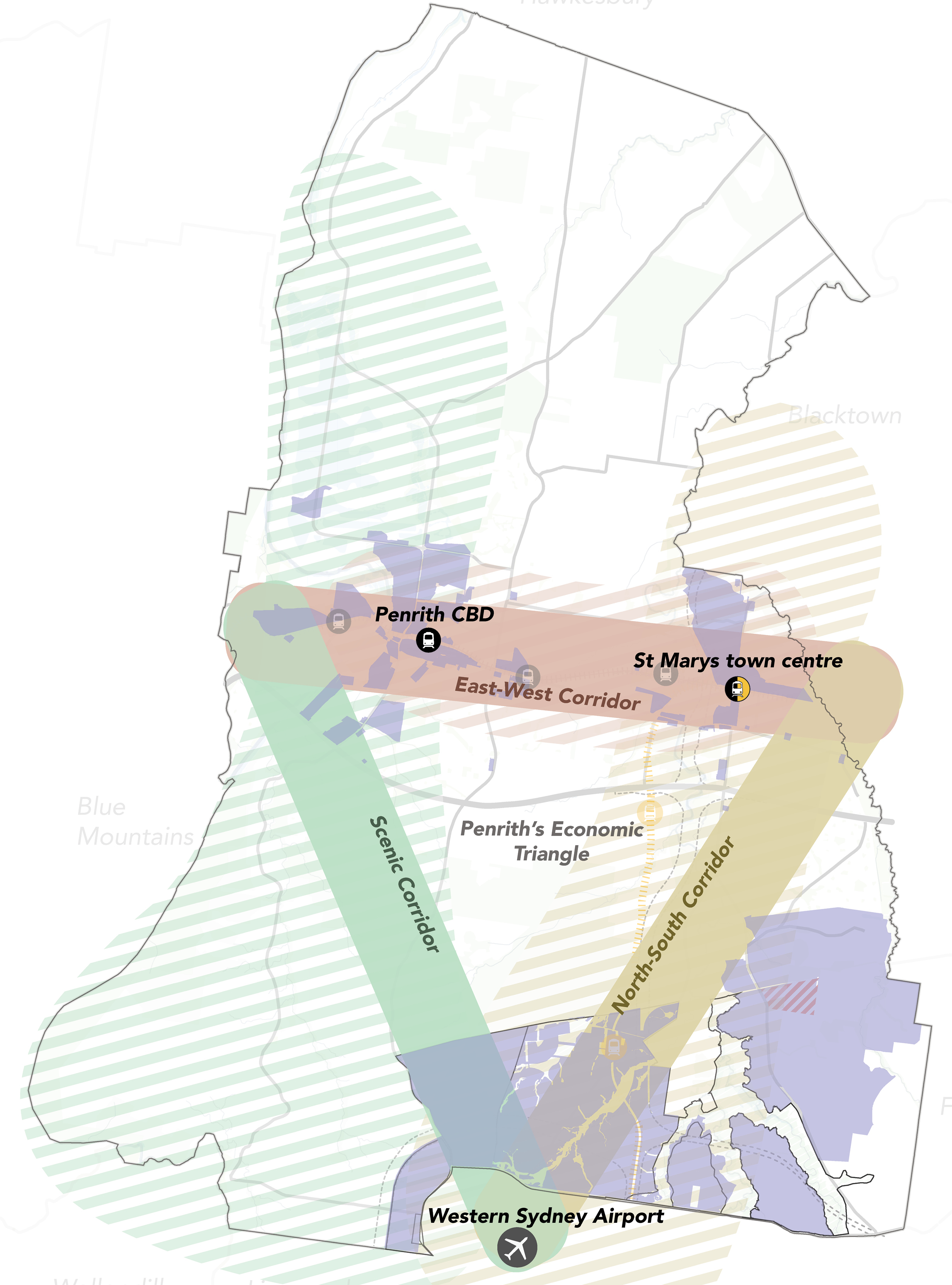 graphic of the Penrith LGA with an inverted triangle showing the economic triangle