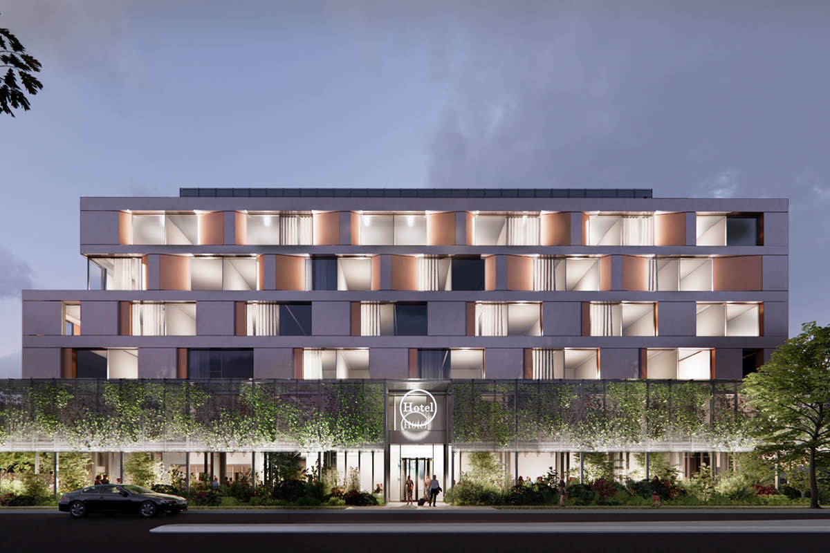 artist impression of a multi-storey hotel at night